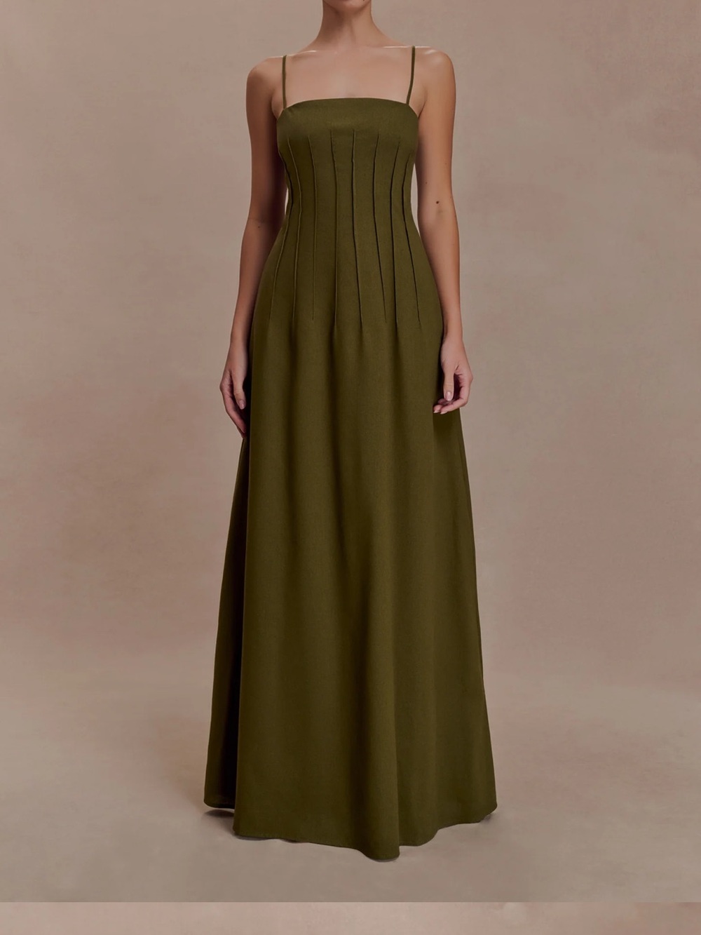 MESHKI Linen Olive Green Pleated Strap Maxi Dress
